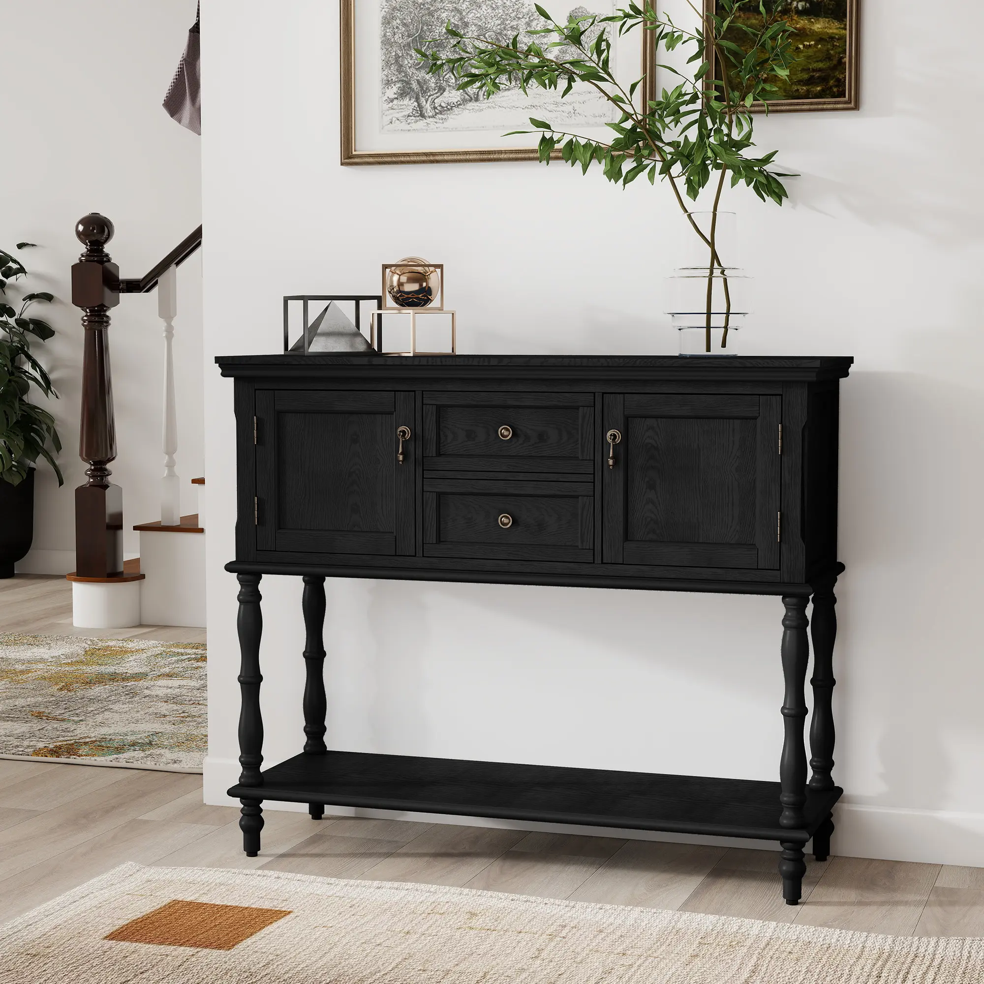 【summerwins】HLR Farmhouse Rectangular Console Table - Black Wood Entryway Sideboard with 2 Drawers, 2 Cabinets, Adjustable Shelf, Retro Style Small Space Organizer for Living Room, Hallway, Farmhouse Rectangular Table, Console Table Entryway