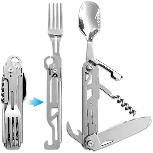 6 in 1 Detachable Camping Utensils Flatware Set, Multifunction Travel Pocket Cutlery Folding Spoon, Knife, Fork, Wine Bottle Can Opener Portable Combo Set Stainless Steel