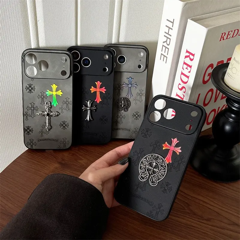 3D Gradient Cross Motif Metal Emblem iPhone Case - Embossed Leather Texture, Raised Bezels, Gothic Punk Style, Shockproof Protection, Multi-Model Cover for iPhone Series