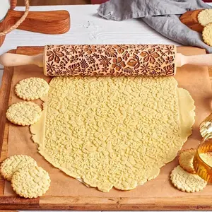 Wooden Embossing Dough Roller, Flower & Leaf Pattern Rolling Pin, Kitchen Utensils for Pizza, Pie, Cookie, Dumplings, Noodles, and More, Baking Tools, Baking Supplies