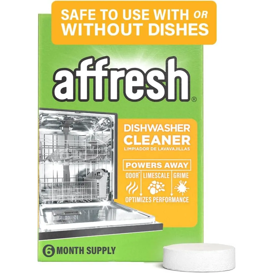 Affresh Lemon Dishwasher Deep Cleaner Tablets - Powerful Pump, Tub & Hose Cleaner, Grime & Odor-Causing Residue Eliminator, Odor Removal, With/Without Load Compatibility, 6-Count, 6-Month Supply
