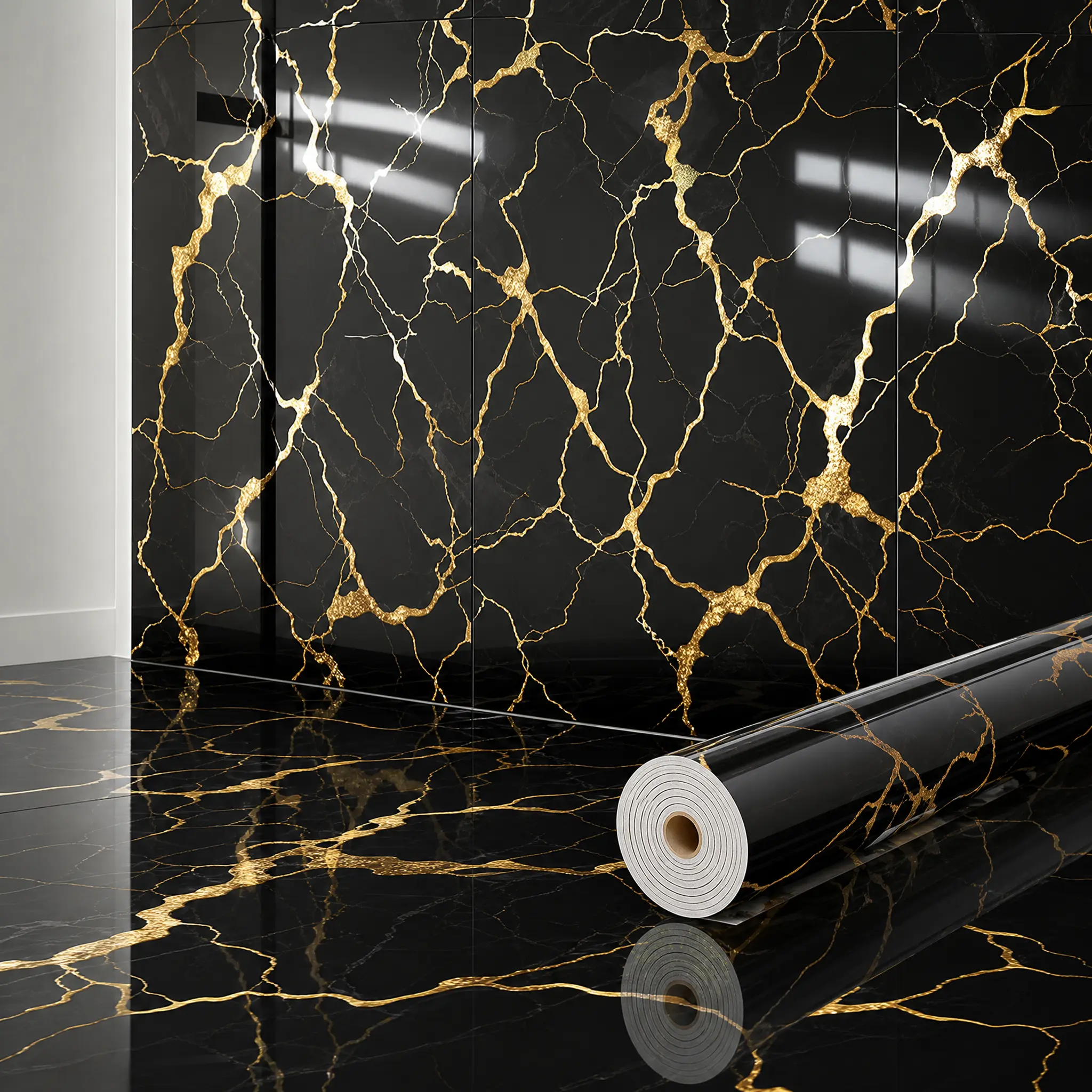 2.3mm Thick Marble Wall Sticker Roll, Black Gold Peel and Stick Wallpaper, Waterproof Self Adhesive Contact Paper for Home, Kitchen and Bathroom