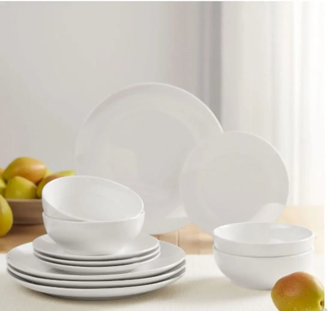 Glazed White Stoneware Dinnerware Set - 12-Piece Porcelain Tableware with 4 Dinner Plates, 4 Bowls & 4 Side Plates, Dishwasher & Microwave Safe