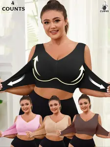 [Plus Size] Solid Wireless Push Up Medium Bra, Seamless Knitted Comfortable Breathable Buckle Front Bra, No Padding,Wide Strap Vest Bra for Everyday Daily Wear, Women's Casual Lingerie for All Seasons