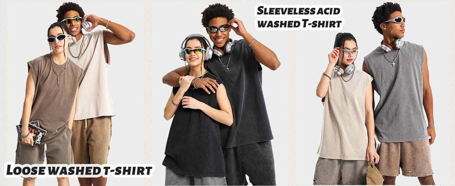 Arssm 3-Pack Unisex Acid Wash Tank Tops – Sleeveless Cotton Muscle Tees, Cut-Off Loose Fit Vintage Streetwear for Summer Layering & Casual Wear