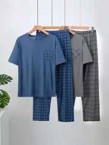 Men's Lightweight Sleepwear Set, 4-Piece Plaid Checked Loungewear Home Clothing, Short Sleeve Top and Long Pants, Summer Comfort Casual Pajama Set Pjs, Homewear