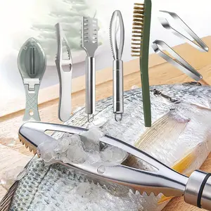 7pcs Fish Scaler Brush Remover Set Stainless Steel Sawtooth Remover Removing Peeler Cleaning Tool Fish Bone Tweezers Fish Shape Scraper Scalers for Fish Scales Removing Peeling
