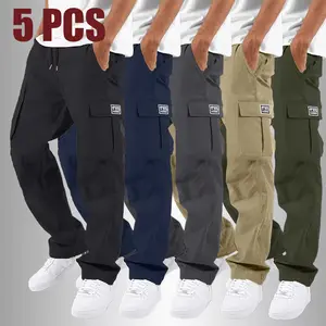 5 Pack Men's Casual Straight Leg Cargo Pants, Side Flap Pockets & Back Pockets Design, Elastic Drawstring Waist, Lightweight Comfortable Breathable Trousers for Spring Summer Outdoor, Daily Commute, Dinner & Dating