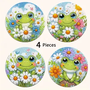 4-Piece Frog Pattern Wooden Diamond Placemats, Floral Pattern Placemat, DIY Crystal Diamond Art Insulation Table Mats, Mosaic Handmade Set, Home