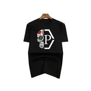 Philipp Plein style sugar skull patchwork logo black trendy T-shirt, unique style, suitable for boyfriends and girlfriends, fashionable and loose, young and full of vitality