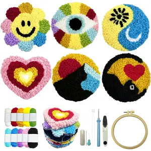 Punch Needle Coasters Kit for Beginners Adults Easy Needle Punch Embroidery Kit Threader Instruction Fabric Hoop Yarn Tufting Coaster DIY Making Coaster Holder Coaster Art Craft Supplies