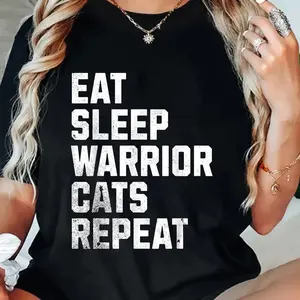 Women's 180g Black Cotton Crew Neck Short Sleeve Graphic Tee with "Eat Sleep Warrior Cats Repeat" Print-Casual Soft Comfy T-Shirt for Cat Lovers, Fashionable Summer Top, Perfect Gift Idea for Fans, Relaxed Fit Trendy Apparel