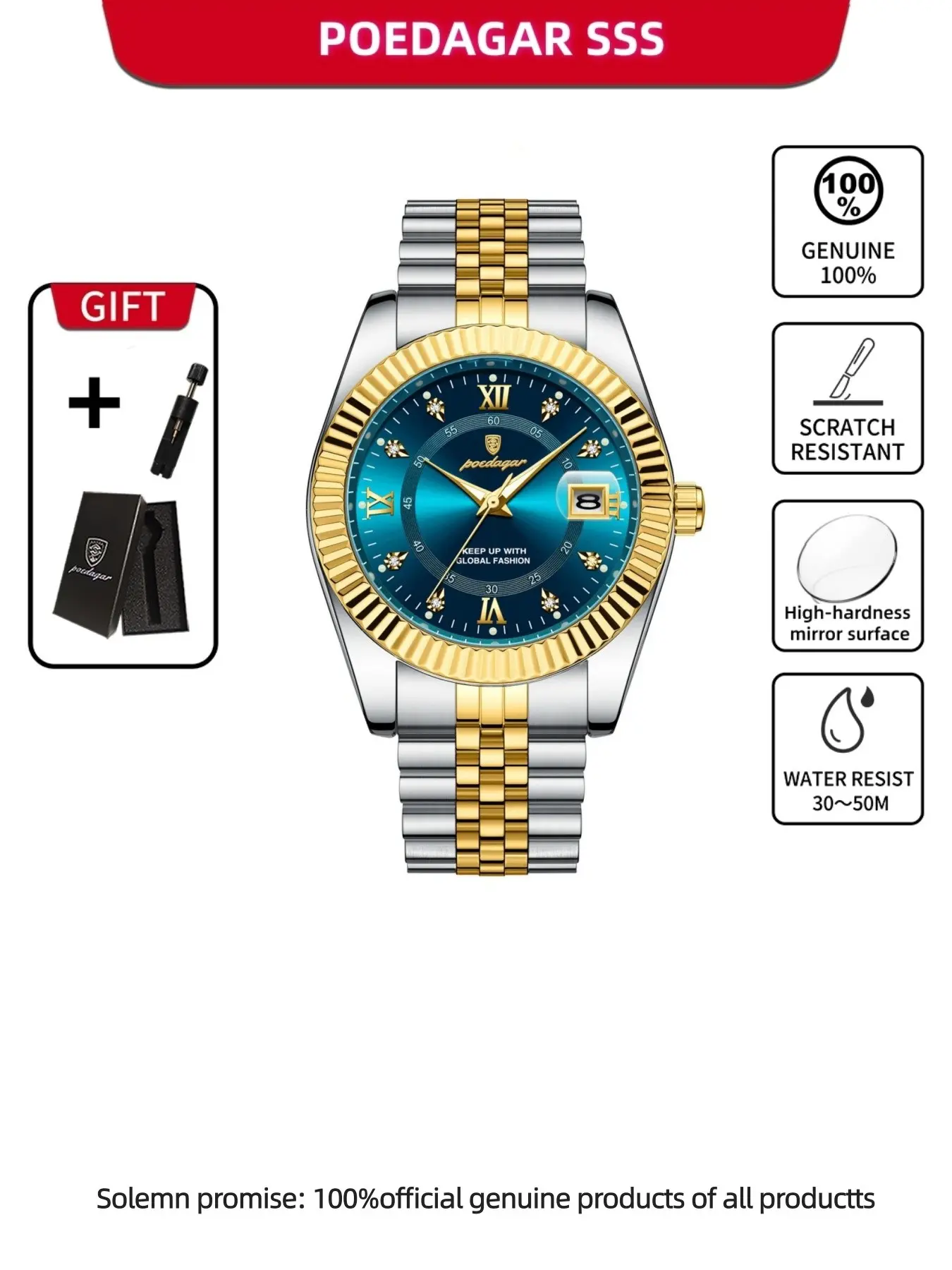 POEDAGAR Luxury Leisure Men's Sports Watch Waterproof LED Date Men's Watch Quartz Stainless Steel Men's Watch Gift Preferred+Box Water Resistant Wristwatch