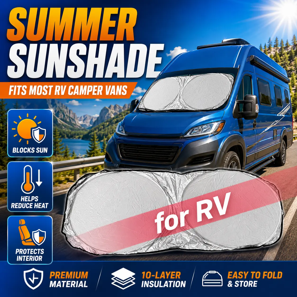 RV Windshield Sun Shade, Foldable Reflective Front Window Cover for Motorhome, Campers, Bus & Truck, Heat Shield Sun Visor for Dashboard and Interior Protection, Compact Vehicle Accessory for Summer Parking, Camping, Touring and Daily Road Trips