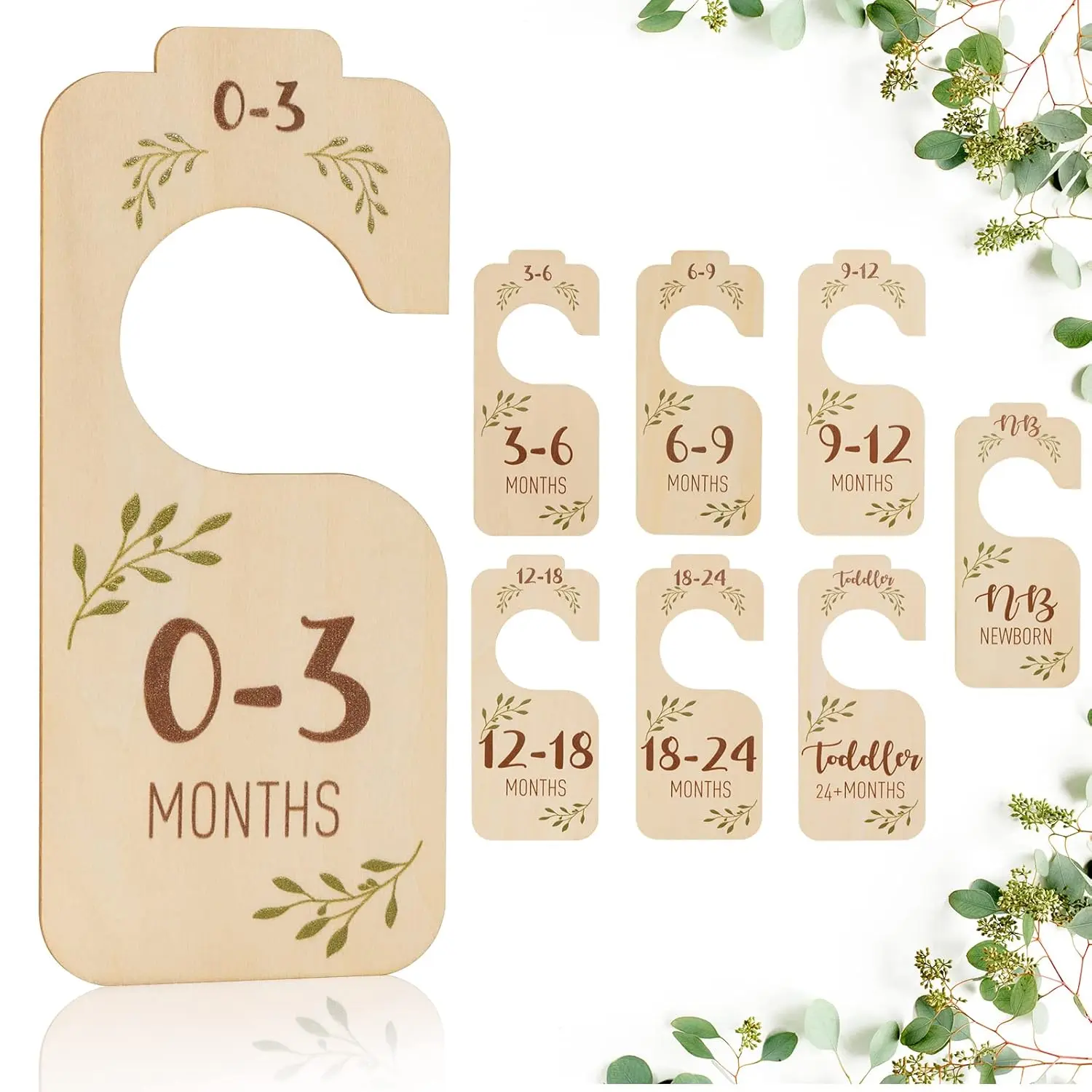 Hanging Wooden Closet Dividers - 8-Piece Durable Double-Sided Home Organizer for 0-24 Months Clothes Sizing, Boho Decor Closet Organizing Storage Hanger Accessories, Leaf Design