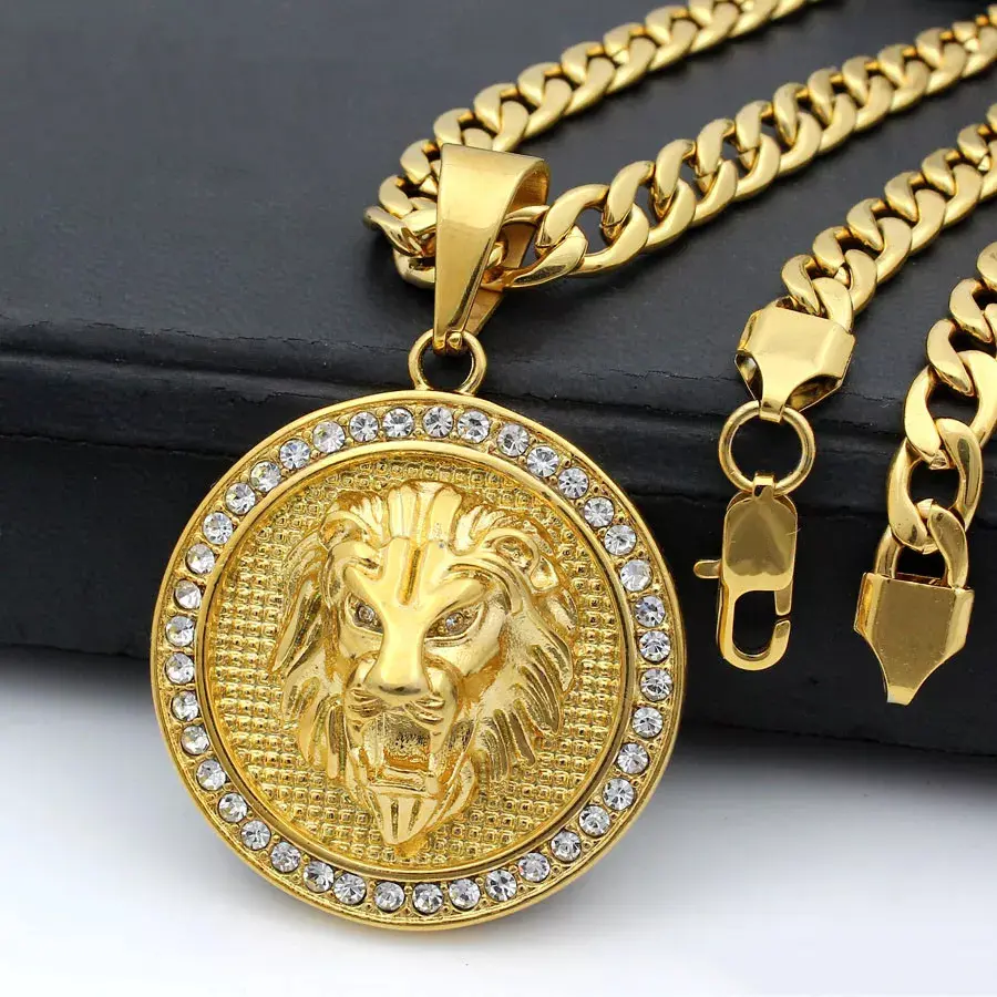 MaxBling81 Unisex Stainless Steel Lion Head Medal Pendant Necklace Set, Gold-Silver Plated Cubic Zirconia, 6mm 30in Miami Cuban Chain Links Necklace, Fashion Costume Jewelry Gift, Chain Links Necklaces