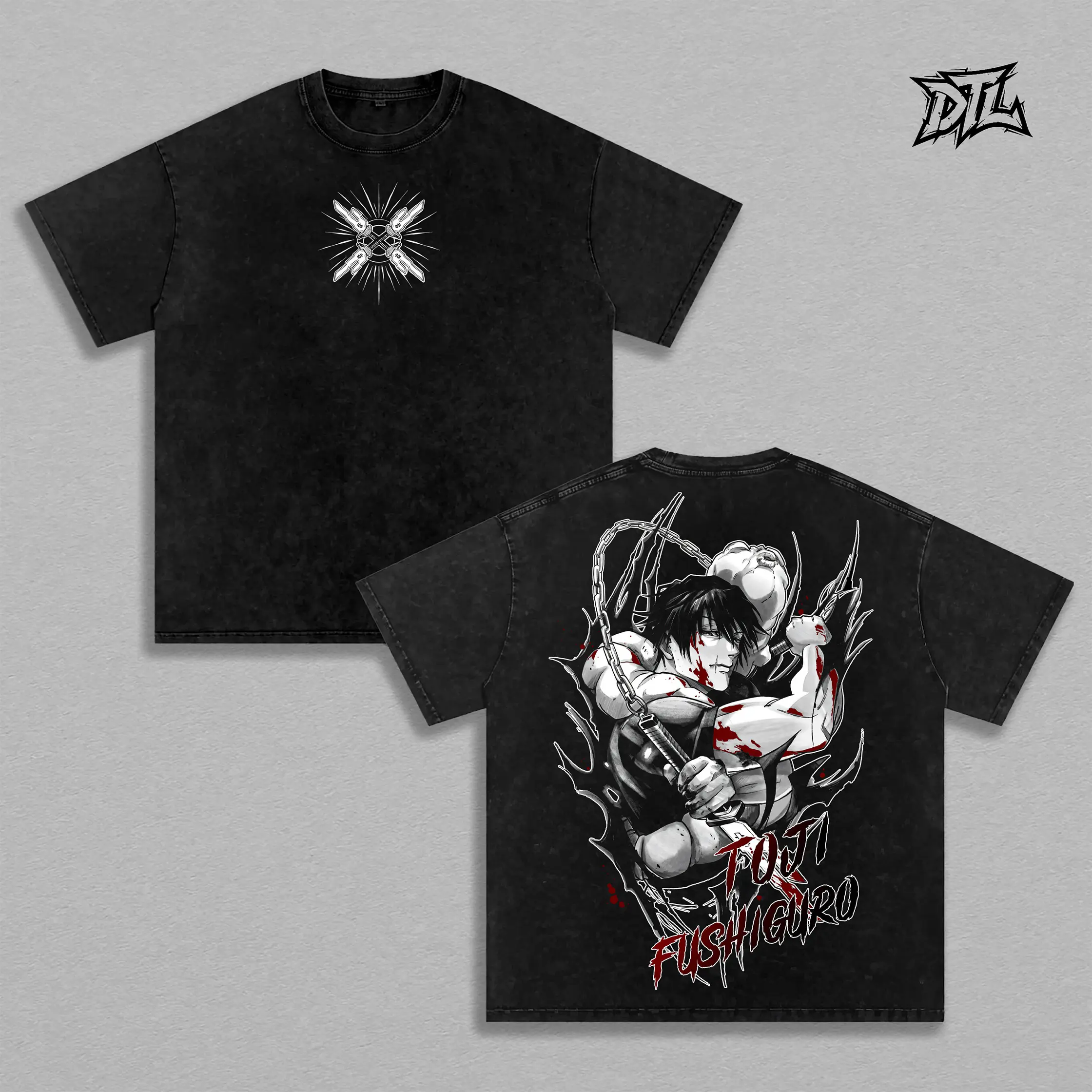 Jujutsu Kaisen Toji Fushiguro Black T-Shirt | Oversized Heavyweight Anime Tee Inverted Spear of Heaven Graphic Print Red Blood Font Vintage Goth Grunge Streetwear Clothing Top Unisex