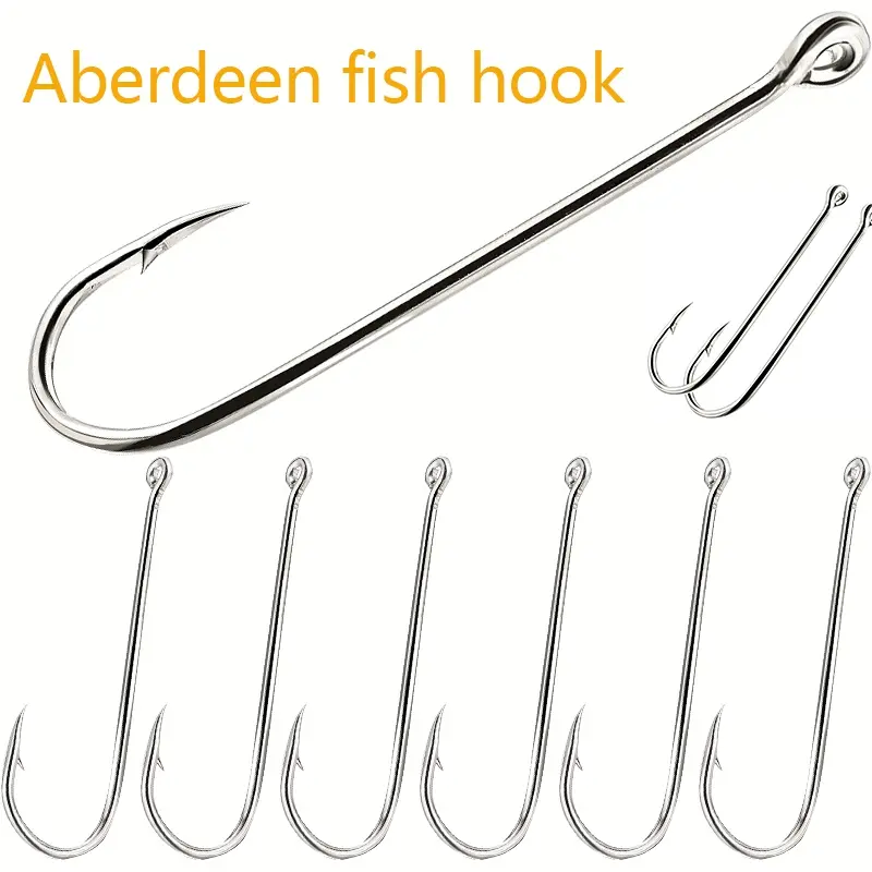 50 pcs Aberdeen Barbed Fishing Hooks, Long Handle Lure Hooks with Connection Hole, Sharp Small Fishhooks for Angling, Fishing Equipment