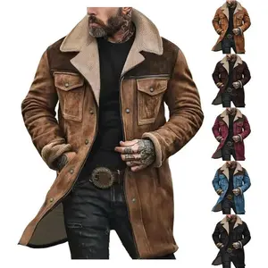 Mens Western Cowboy Jacket Vintage Suede Jacket Long Trench Coats Zip Up Plush Collar Cowboy Peacoat Retro Tops Casual Menswear Fathersdaygift Soft Fleece Hoodie jacket western clothing jackets letterman ffa jacket western clothing windbreakers Leather