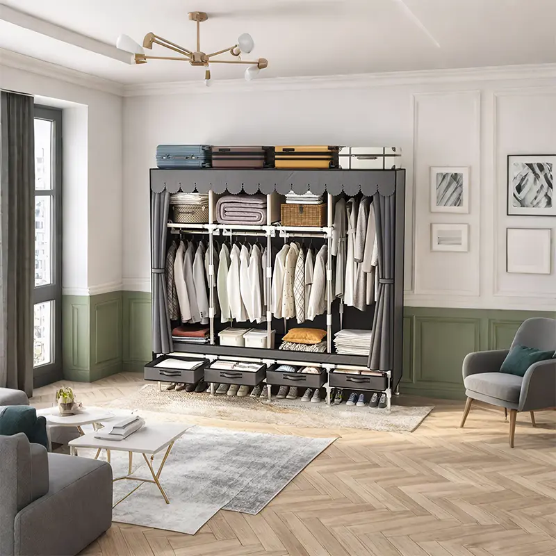 Portable Wardrobe - Foldable Garment Closet Stand with 3 Storage Spaces & 4 Hanging Areas, Easy-Assembly Clothing Organizer for Dorm Rooms & Rental Apartments, Indoor Furniture, Wardrobe Dorm Room
