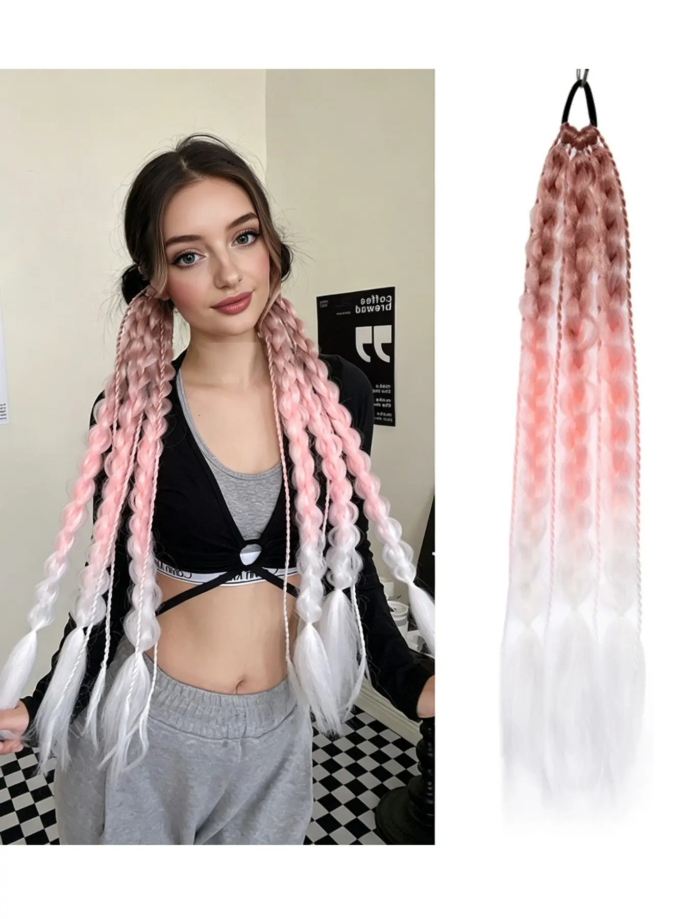 Handmade Color Gradient Braided Ponytail, Bubble Twist Braid, 22 Inch Synthetic Fiber Wig, Sweet Cool Personality Style