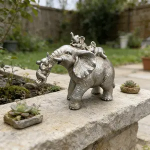 Silver Color Resin Elephant Family Ornament, Mother Holding Three Baby Elephants, Garden and Home Decor, Perfect Gift for Various Occasions