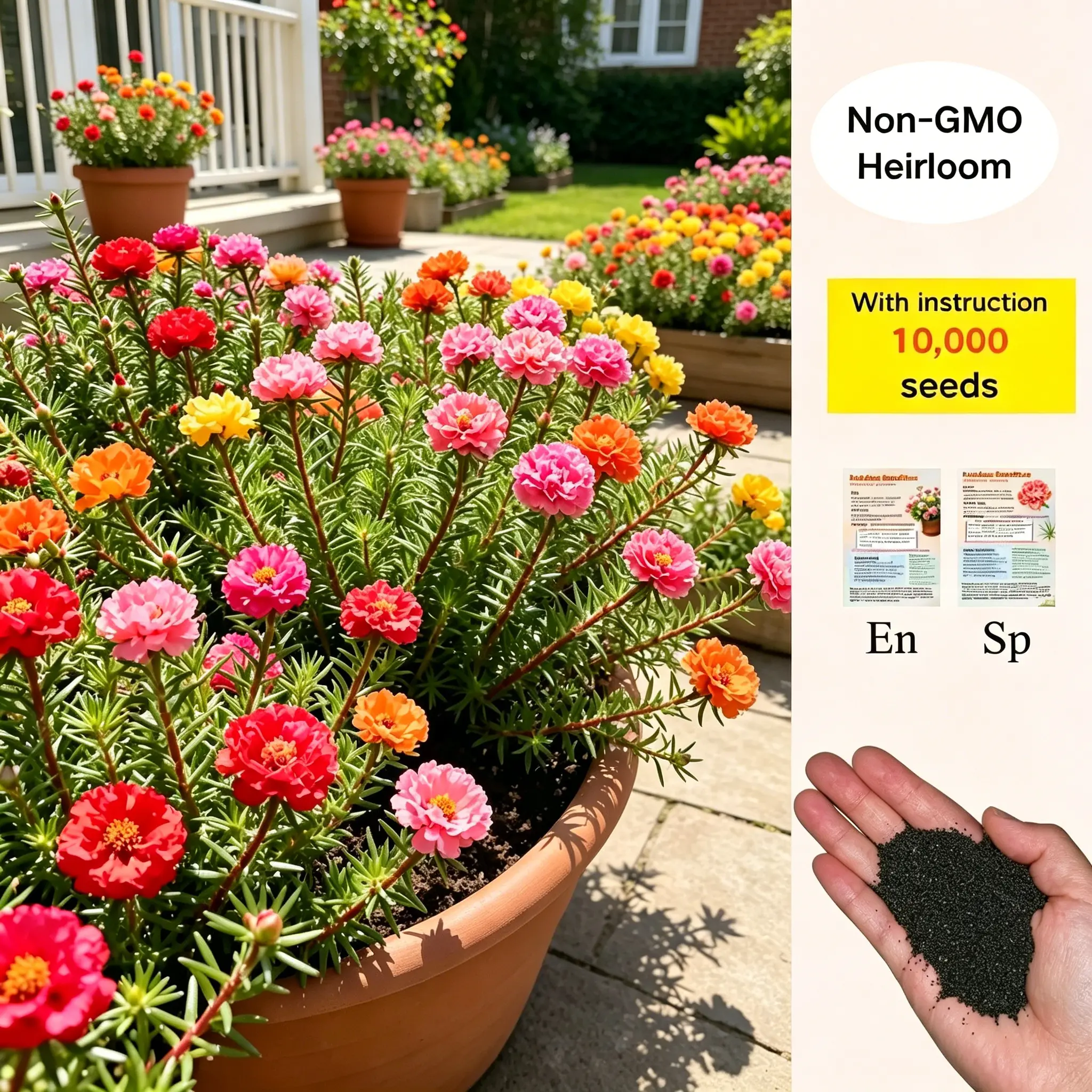 【SummerVibes】10,000 Portulaca Seeds - Double-flowered Moss Rose Annual Perennial Flower Seeds for Planting Outdoors Non GMO Mixed Colors Large Blooms Attract Pollinators Easy to Grow All Seasons