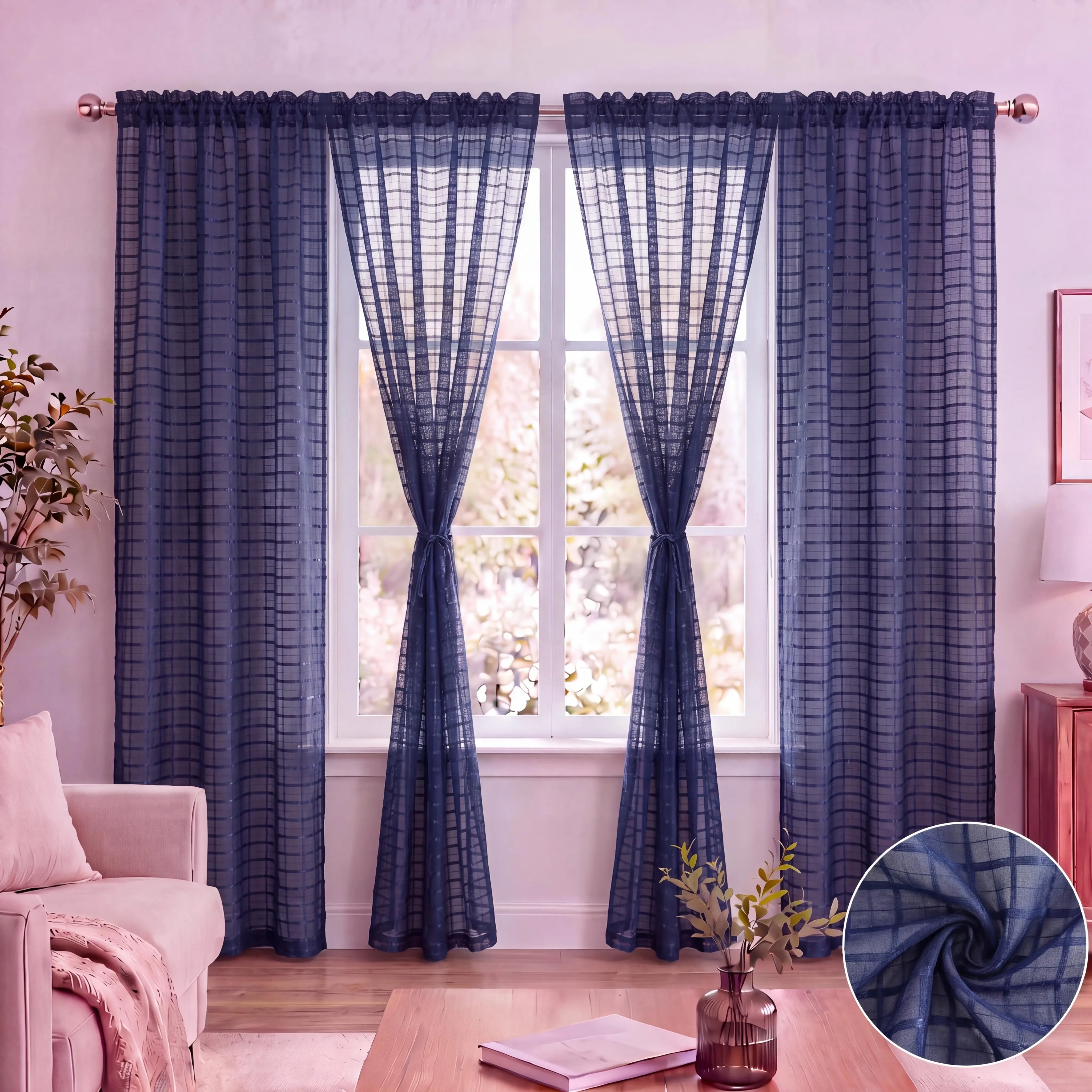 4-Panel Plaid Rod Pocket Voile Sheer Curtains (Length：36-95 In), Breathable Classic Softline Home Decorative Curtains for Living Room, Bedroom, Kitchen, Holiday Home Decoration, FT0028 Summer Gift #SummerVibes, Kitchen Curtains