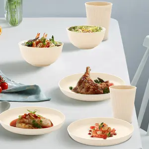 Wheat Straw Dinnerware Set 18-Piece PP Material Plates Bowls Cups with Vertical Texture for Home Kitchen