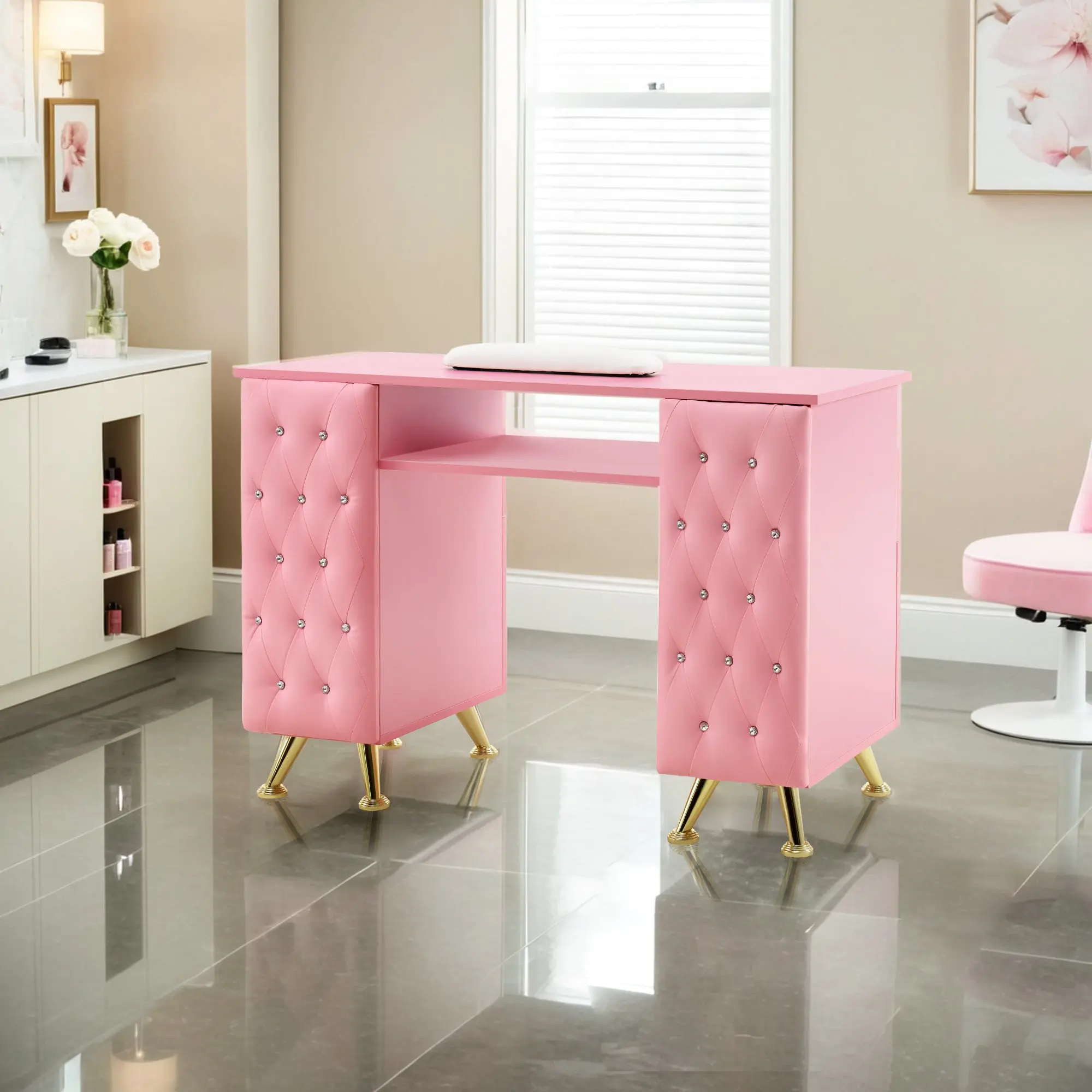 BarberPub Acetone-Safe Top Rolling Manicure Table (Model 2671) - Hit-Stitching, Tufted Look Pink Commercial Salon Furniture with Storage for Salon Use
