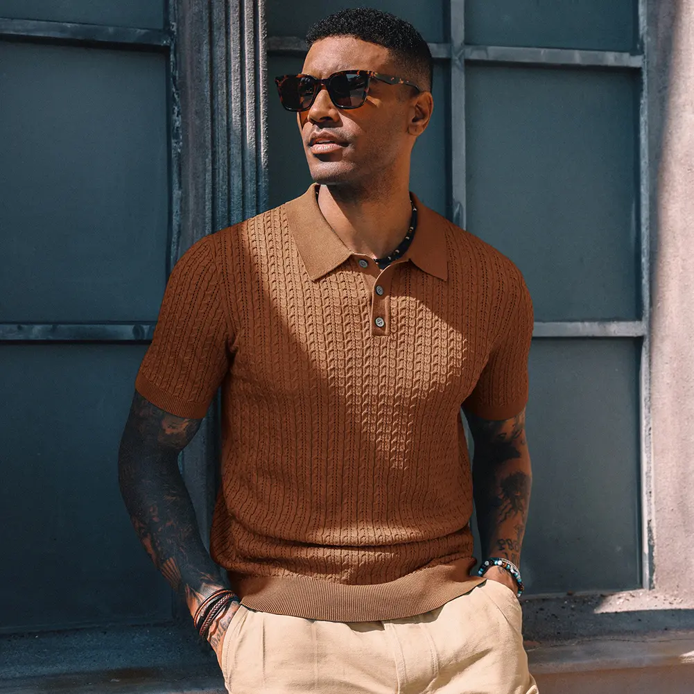 PJ PAUL JONES Mens Knit Polo Shirt Short Sleeve Hollow Out Knit Shirt Texture Knitted Polo