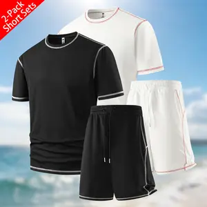 2-Pack Men's High Elastic Contrast Stitch Short Sets, Casual Short Sleeve T-Shirt and Shorts Matching Outfits, Summer Men Clothes for Beach Daily Wear Menswear Menswear Suits Top Gamis Formal Tropical Shortsleeve Wetsuit
