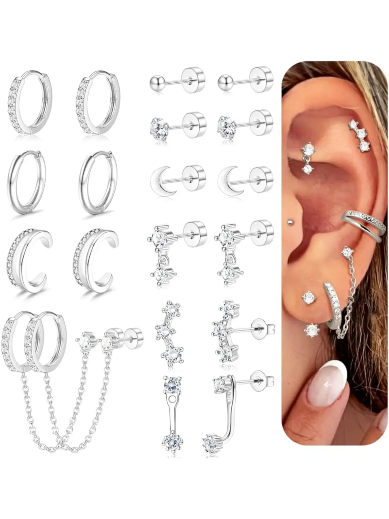 10 Pairs Silvery Earrings for Women Men Hypoallergenic Surgical Stainless Steel Copper Flat Back Stud Earrings, Earrings Jewelry for Multiple Piercings Daily Wear, Casual
