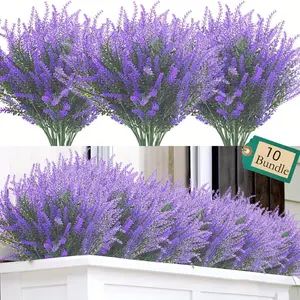 10 Bundles Artificial Lavender Flowers Outdoor UV Resistant Fake Flowers Faux Plastic Plants Garden Porch Window Box Decorating Home Decor Room Decor Table Decor (Purple) Decorative