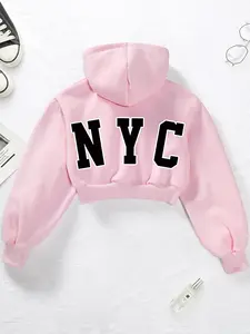 Women's Casual Letter Print Hoodie, Loose-Fit Cropped Sweatshirt, Thick Kint Fabric, All Seasons Wear, Sweet & Youthful Style