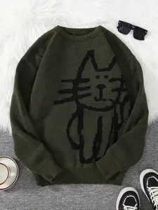 Men's Cartoon Cat Print Drop Shoulder Sweater, Regular Fit Casual Long Sleeve Round Neck Jumper for Fall & Winter, Fashion Men's Knitwear for Daily Wear