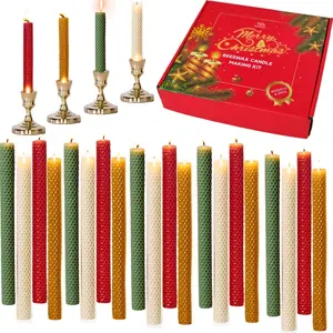 20 Pack Handmade Beeswax Taper Candles, Christmas Themed (Red/Green/Gold/White), Honeycomb Pattern, Premium Dinner Candles, Perfect for Christmas, Halloween, Holiday Decor, & Gift Set with Festive Gift Box,  mirabel candle holder