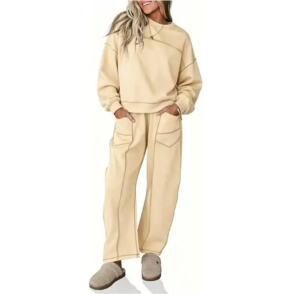 Fisoew Women's 2-Piece Plus Size Contrast Seams Tracksuit Set - Long Sleeve Crew Neck Cropped Sweatshirt & Relaxed Wide Leg Pocket Sweatpants Casual Loungewear