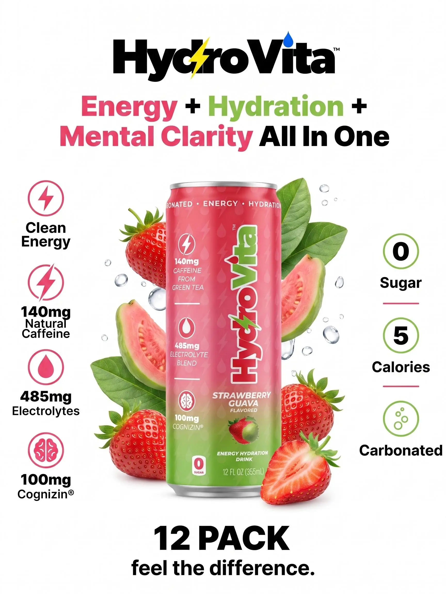 HydroVita Strawberry Guava - Pack–12 Cans. Zero Sugar Clean Energy Hydration Drink, Sport drink, Energy Hydration & Mental Clarity in One, 140mg Natural Caffeine from Green Tea, 485mg Electrolytes, 100mg Cognizin, Carbonated Functional Beverage, No Crash