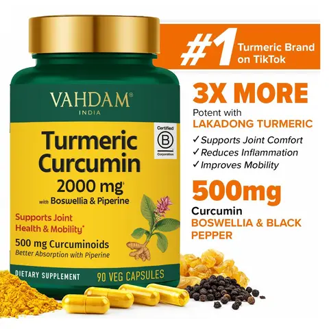 【VAHDAM】Turmeric Curcumin 2000mg High Strength | Lakadong Turmeric | 95% Curcuminoids with Black Pepper, Ginger & Boswellia Extract | Joint Inflammation & Mobility Support | 90 Veg Capsules | Food Supplement US Healthcare