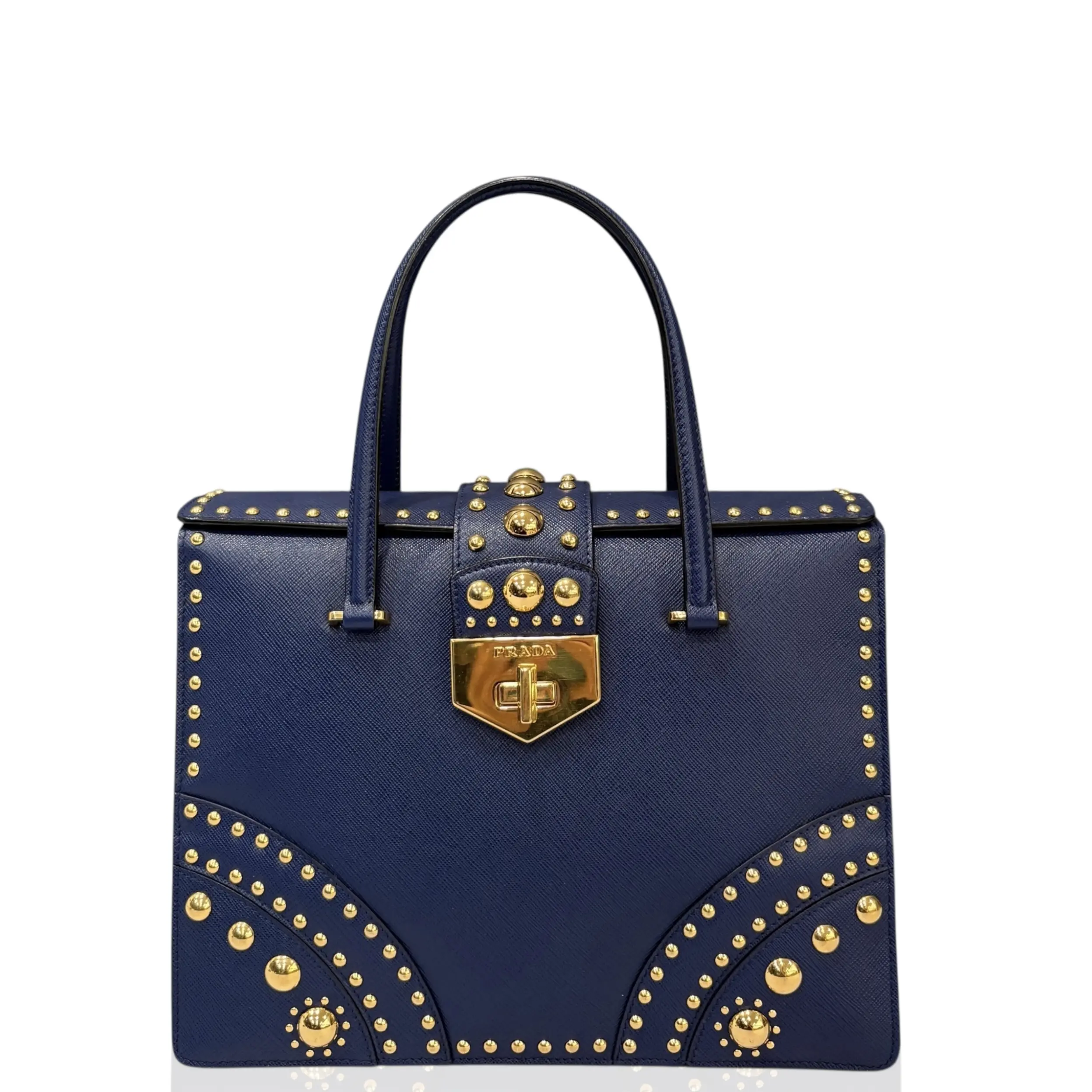 Pre-owned PRADA Leather tote bags Studded Handbag Saffiano Calfskin Blue (zs050926a3)