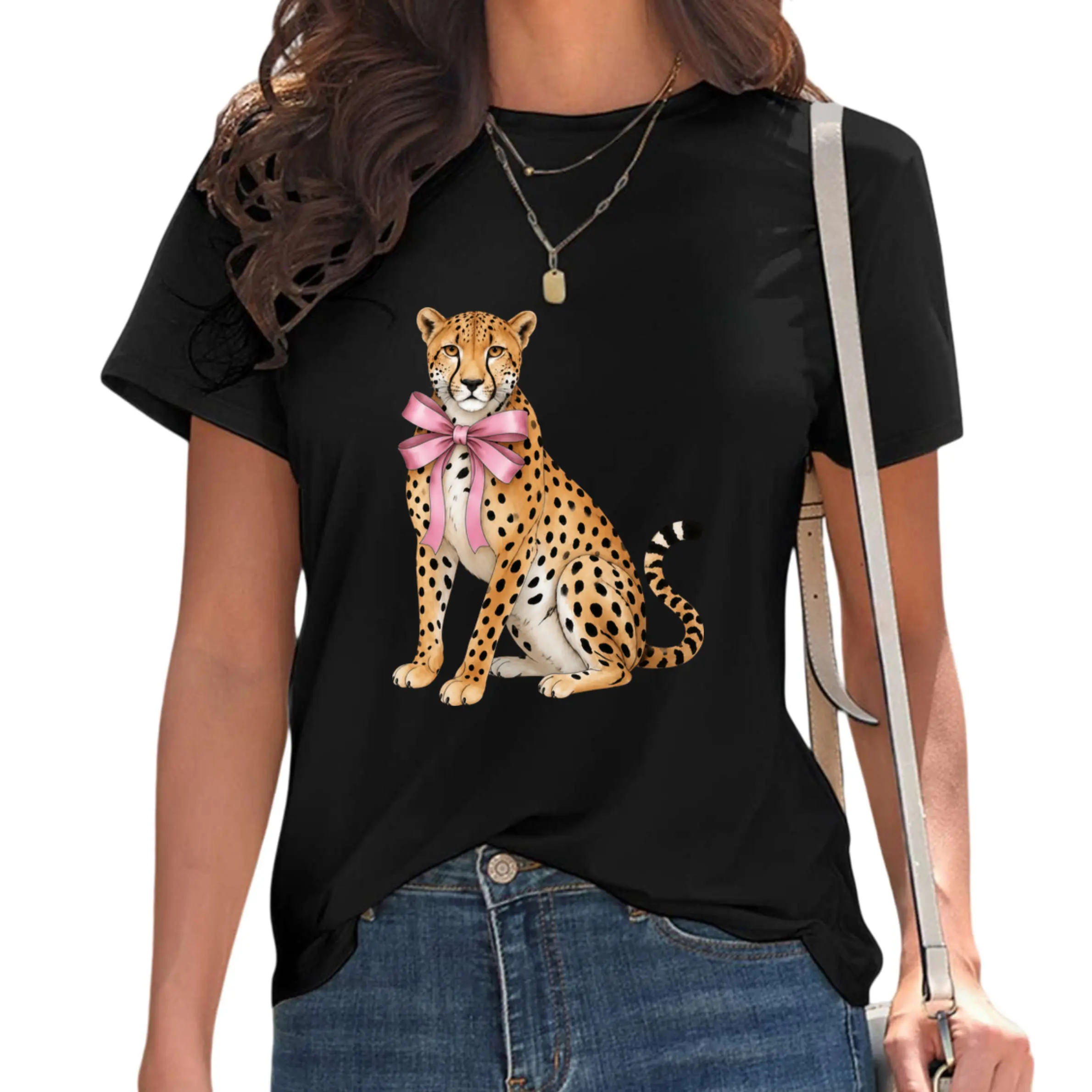 Coquette Leopard Shirt Pink Bow Cheetah Graphic Tee Cute Animal Lover T Shirt