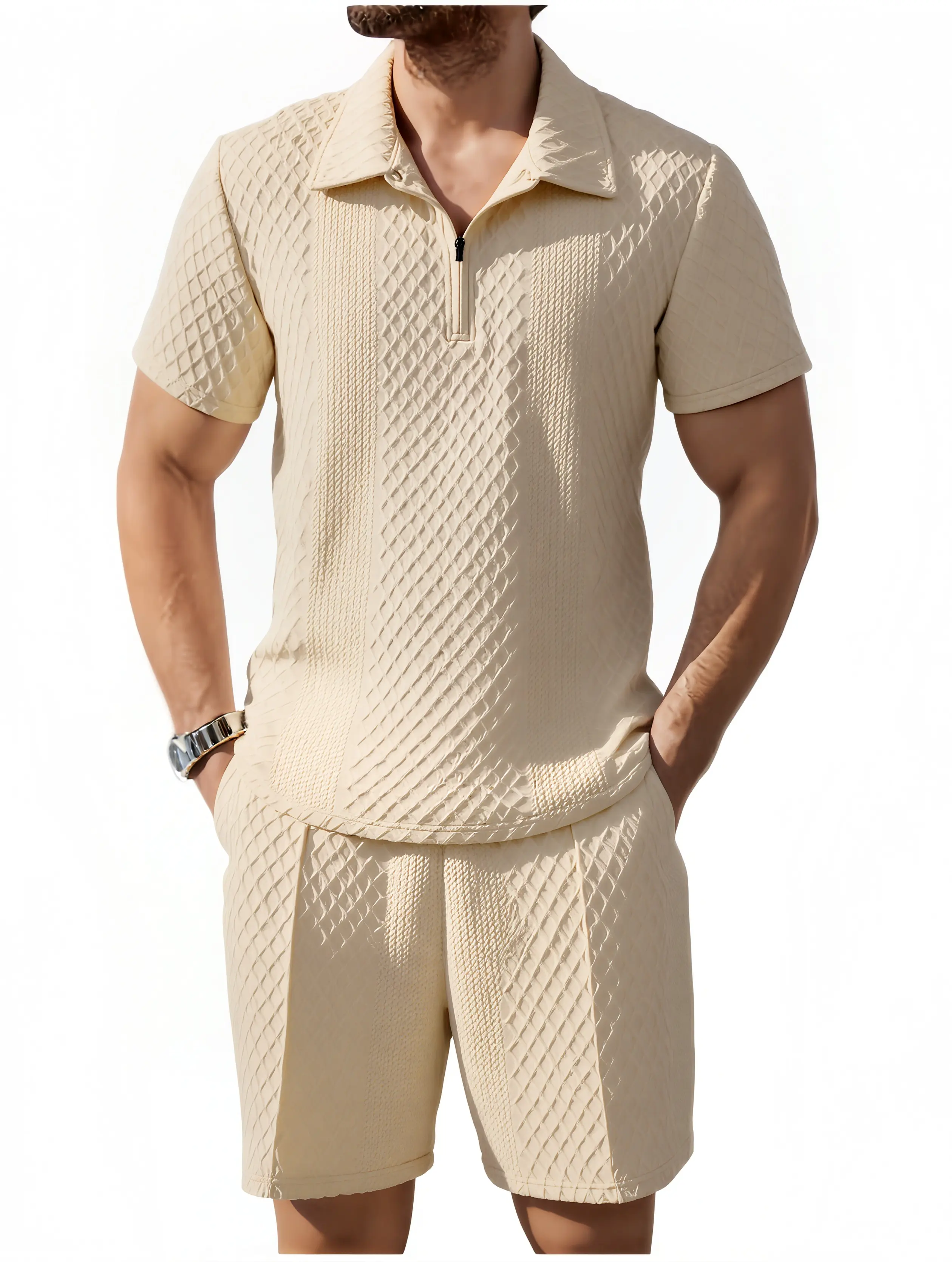Men's Stylish Casual Jacquard Half-Zip Polo Set - Menswear with Waffle Texture, Plain Basic Retro-Modern Design for Casual Streetwear