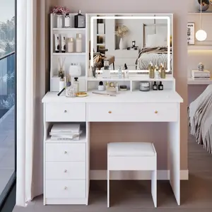 41" Large Size Left Drawer Desktop Vanity Table+Cushioned Stool, Extra Large Touch Control LED Mirror, 3-color Switch, Multi Layer High Capacity Storage Fashionable Dresser, Suitable For Large Space