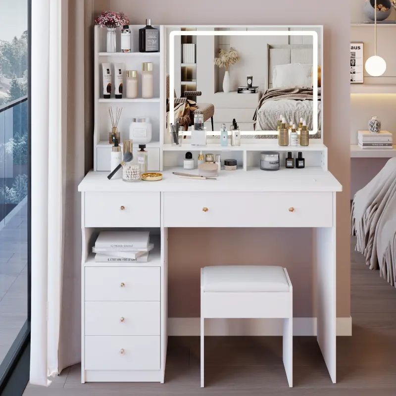 41" Large Size Left Drawer Desktop Vanity Table+Cushioned Stool, Extra Large Touch Control LED Mirror, 3-color Switch, Multi Layer High Capacity Storage Fashionable Dresser, Suitable For Large Space