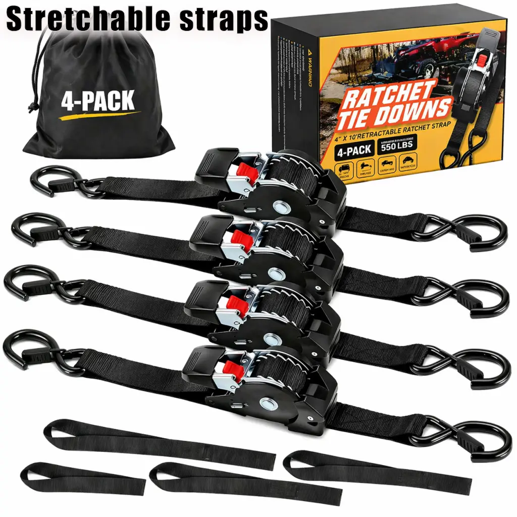 4Pack Retractable Ratchet Straps, 1540lb Break Strength HeavyDuty Auto Self Retracting Ratchet Strap with Soft Loops, 1Inch x 10 Feet Tie Down Straps Easy Retract forMotorcycle Truck Securing Cargo, 4PK