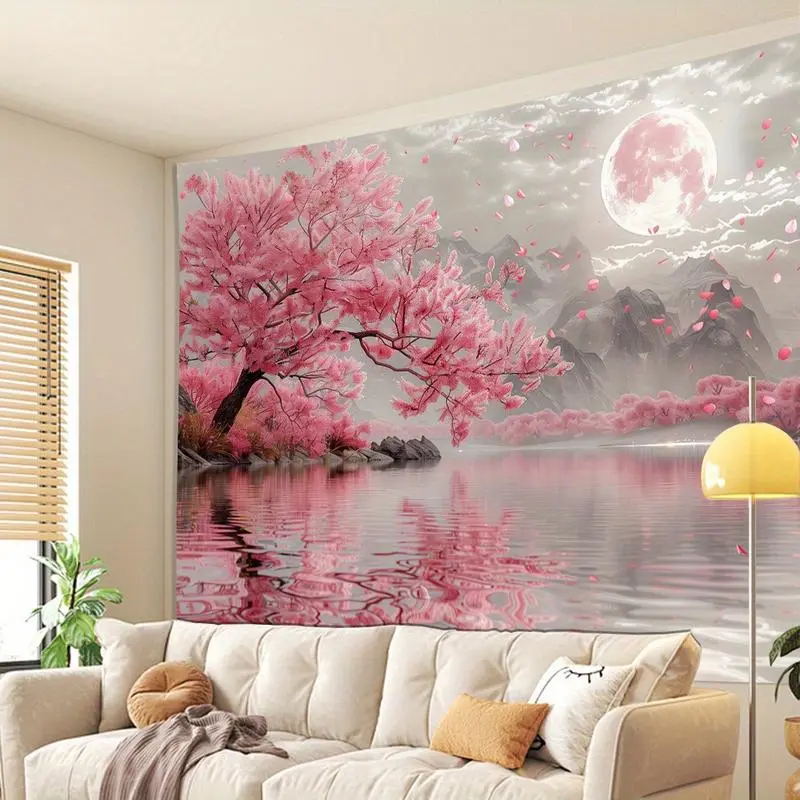 Pink Cherry Blossom Tree Lake View Backdrop Tapestry - 60x40in Polyester Wall Hanging Tapestry, No Power Needed, Ideal for Living Room & Party Decoration, Gift-Worthy Home Decor Accessory