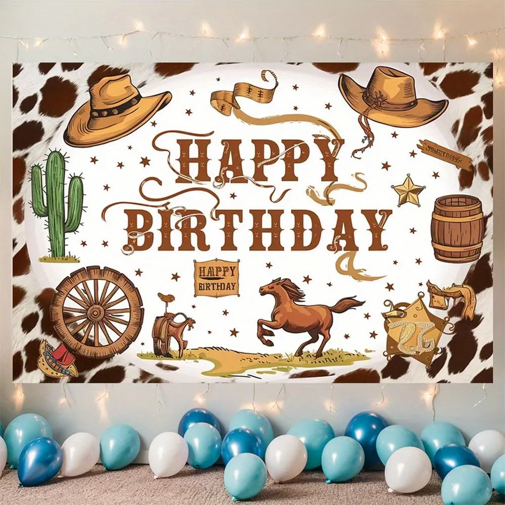 1pc Polyester Western Cowboy Birthday Party Banner - Vibrant Backdrop with "HAPPY BIRTHDAY" Text, Cacti, Horseshoes, Themed Illustrations, Ideal for Home Wall Decor