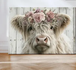 [Sale off up to 65%][Free Ship][No Frame] Highland Cow with Floral Crown Poster Wall Art - Rustic Nordic Farmhouse Wood Poster, Scottish Cow for Living Room