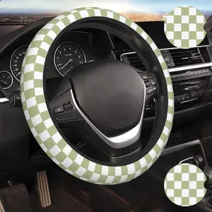 Green and White Plaid Car Steering Wheel Cover